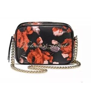 Victoria's Secret Red & Black Floral w/Gold-Tone Heavy Chain Crossbody Bag Purse